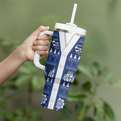 Geelong Cats Football Christmas Tumbler With Handle Aboriginal Seamless Cardigan Inspired