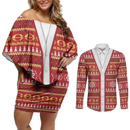 Suns Football Christmas Couples Matching Off Shoulder Short Dress and Long Sleeve Button Shirt Aboriginal Seamless Cardigan Inspired