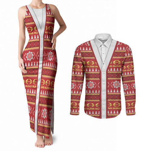 Suns Football Christmas Couples Matching Tank Maxi Dress and Long Sleeve Button Shirt Aboriginal Seamless Cardigan Inspired