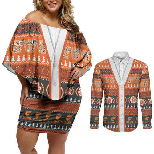 GWS Giants Football Christmas Couples Matching Off Shoulder Short Dress and Long Sleeve Button Shirt Aboriginal Seamless Cardigan Inspired