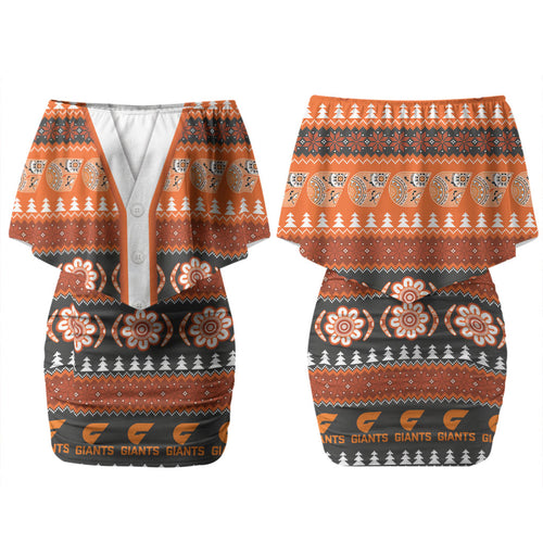GWS Giants Football Christmas Couples Matching Off Shoulder Short Dress and Long Sleeve Button Shirt Aboriginal Seamless Cardigan Inspired