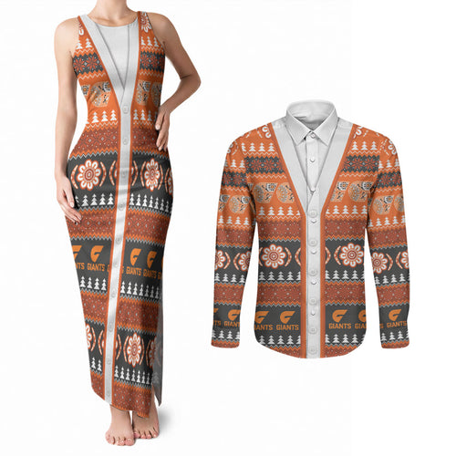 GWS Giants Football Christmas Couples Matching Tank Maxi Dress and Long Sleeve Button Shirt Aboriginal Seamless Cardigan Inspired