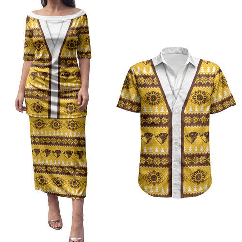 Hawks Football Christmas Couples Matching Puletasi and Hawaiian Shirt Aboriginal Seamless Cardigan Inspired