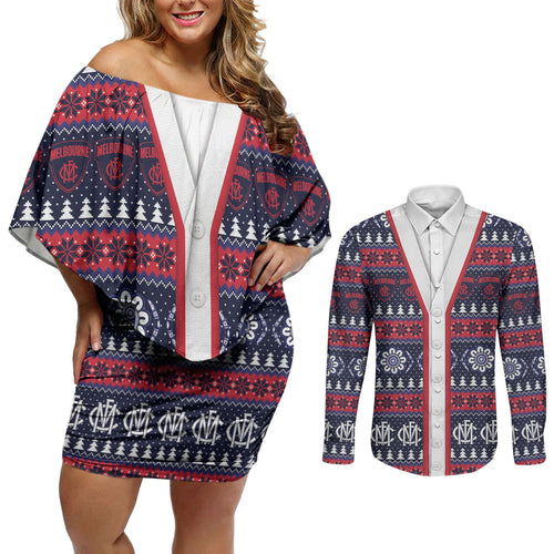 Demons Football Christmas Couples Matching Off Shoulder Short Dress and Long Sleeve Button Shirt Aboriginal Seamless Cardigan Inspired