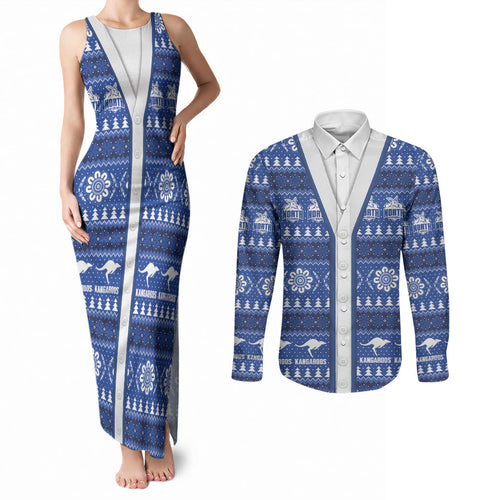 North Melbourne Football Christmas Couples Matching Tank Maxi Dress and Long Sleeve Button Shirt Aboriginal Seamless Cardigan Inspired