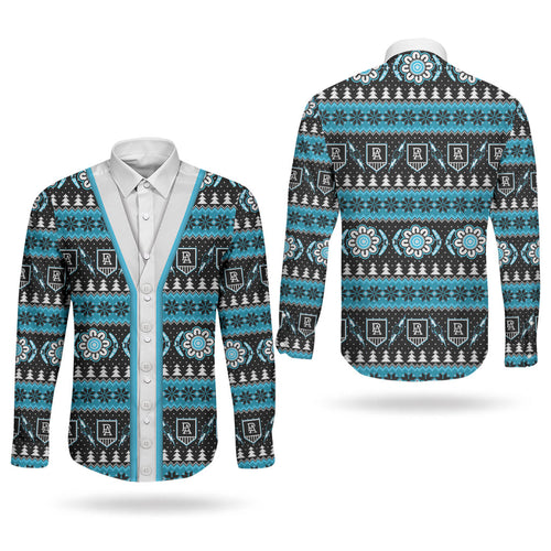 Port Adelaide Football Christmas Couples Matching Off Shoulder Short Dress and Long Sleeve Button Shirt Aboriginal Seamless Cardigan Inspired