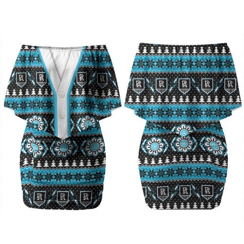 Port Adelaide Football Christmas Couples Matching Off Shoulder Short Dress and Long Sleeve Button Shirt Aboriginal Seamless Cardigan Inspired