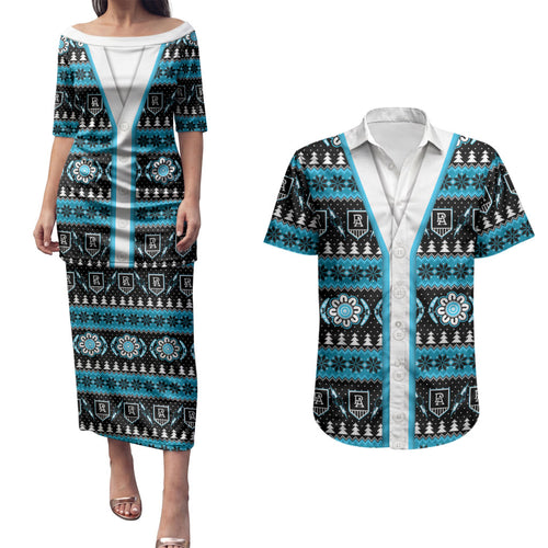 Port Adelaide Football Christmas Couples Matching Puletasi and Hawaiian Shirt Aboriginal Seamless Cardigan Inspired