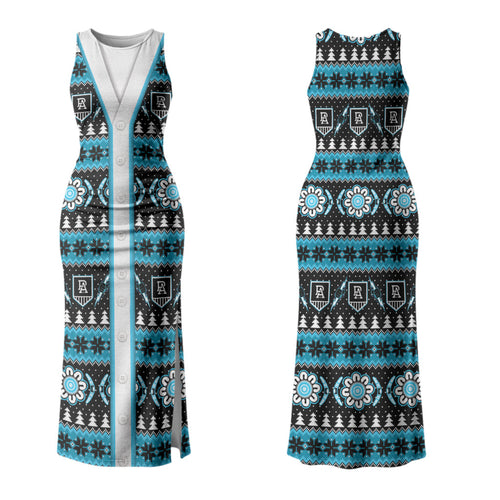 Port Adelaide Football Christmas Couples Matching Tank Maxi Dress and Long Sleeve Button Shirt Aboriginal Seamless Cardigan Inspired