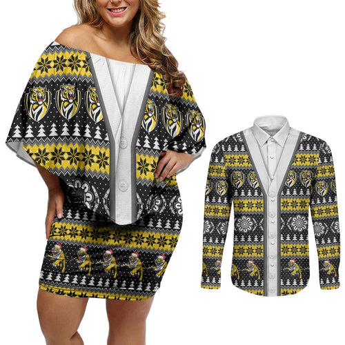 Richmond Football Christmas Couples Matching Off Shoulder Short Dress and Long Sleeve Button Shirt Aboriginal Seamless Cardigan Inspired