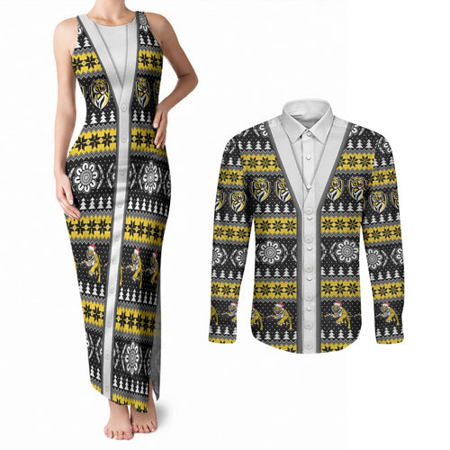 Richmond Football Christmas Couples Matching Tank Maxi Dress and Long Sleeve Button Shirt Aboriginal Seamless Cardigan Inspired