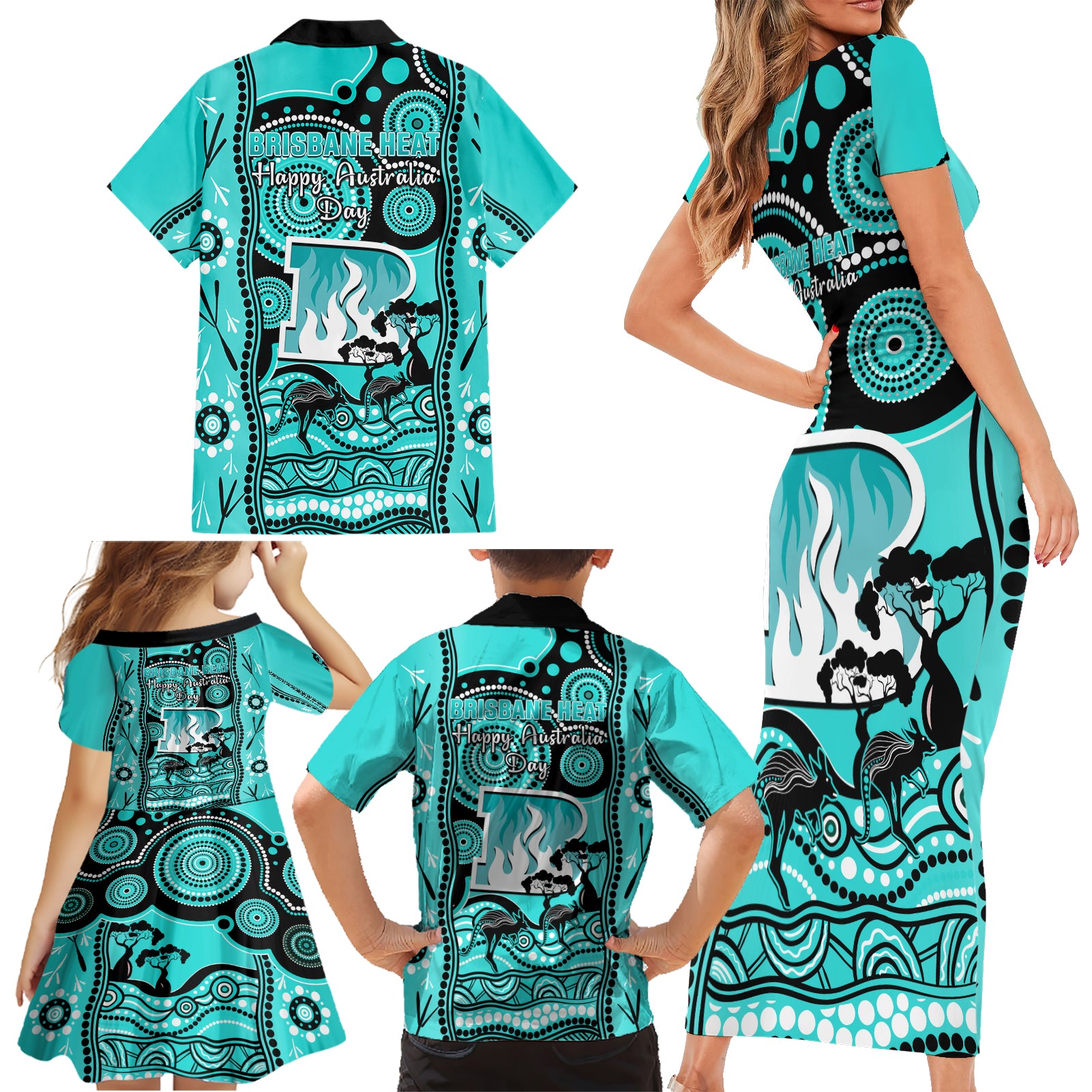 brisbane-heat-cricket-family-matching-short-sleeve-bodycon-dress-and-hawaiian-shirt-happy-australia-day-aboriginal-art