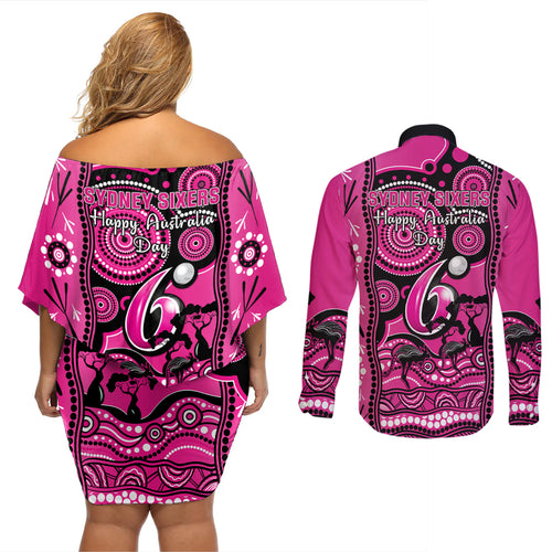 sydney-sixers-cricket-couples-matching-off-shoulder-short-dress-and-long-sleeve-button-shirt-happy-australia-day-aboriginal-art