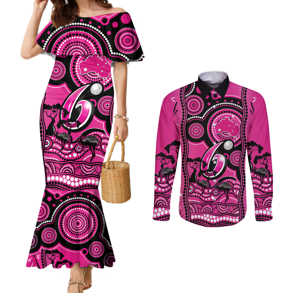 custom-sydney-sixers-cricket-couples-matching-mermaid-dress-and-long-sleeve-button-shirt-happy-australia-day-aboriginal-art