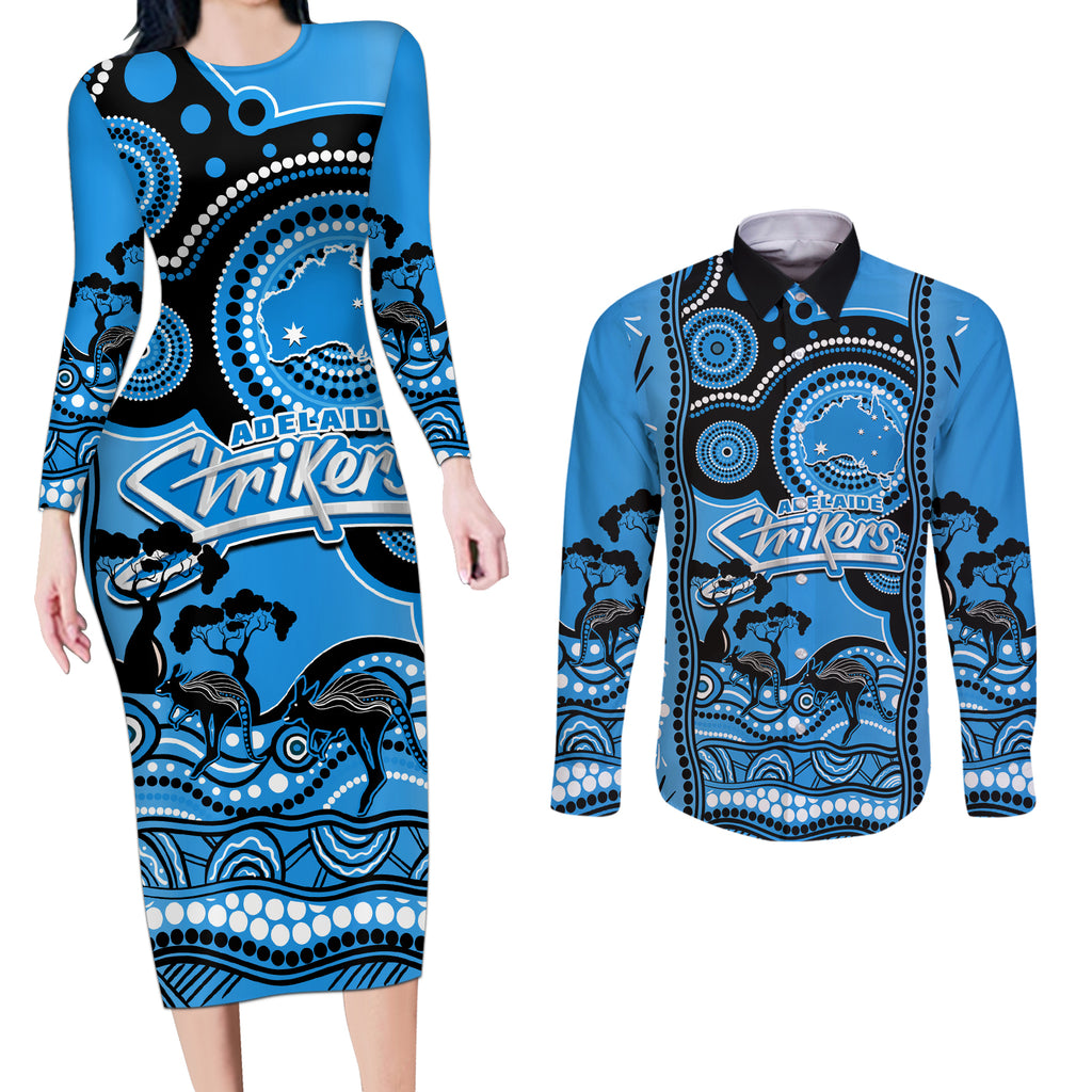 adelaide-strikers-cricket-couples-matching-long-sleeve-bodycon-dress-and-long-sleeve-button-shirt-happy-australia-day-aboriginal-art