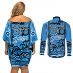 adelaide-strikers-cricket-couples-matching-off-shoulder-short-dress-and-long-sleeve-button-shirt-happy-australia-day-aboriginal-art