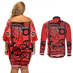melbourne-renegades-cricket-couples-matching-off-shoulder-short-dress-and-long-sleeve-button-shirt-happy-australia-day-aboriginal-art
