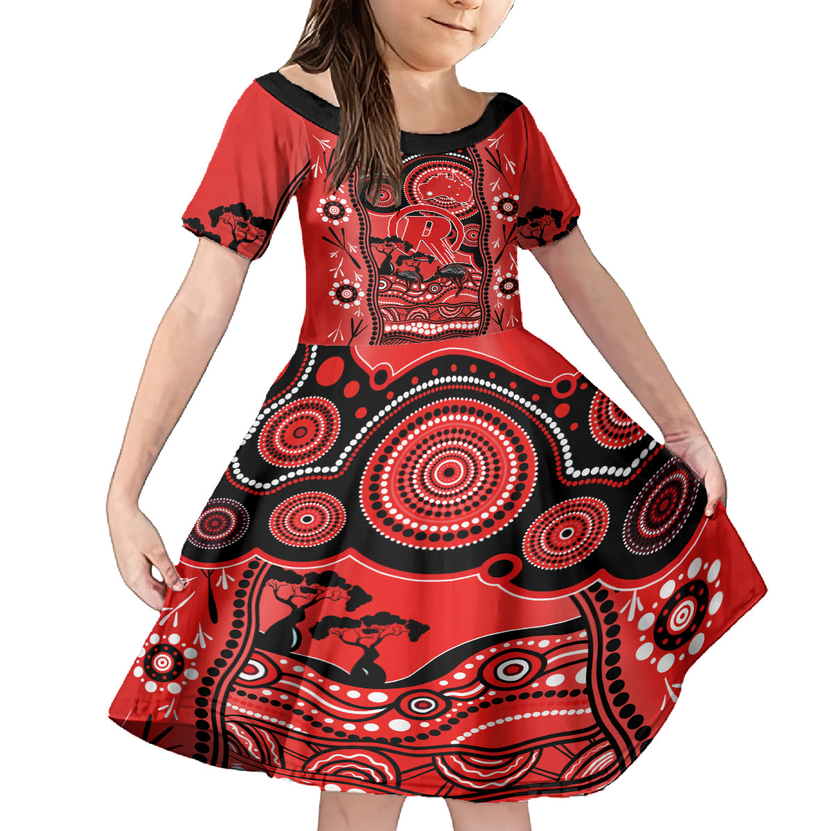 melbourne-renegades-cricket-kid-short-sleeve-dress-happy-australia-day-aboriginal-art