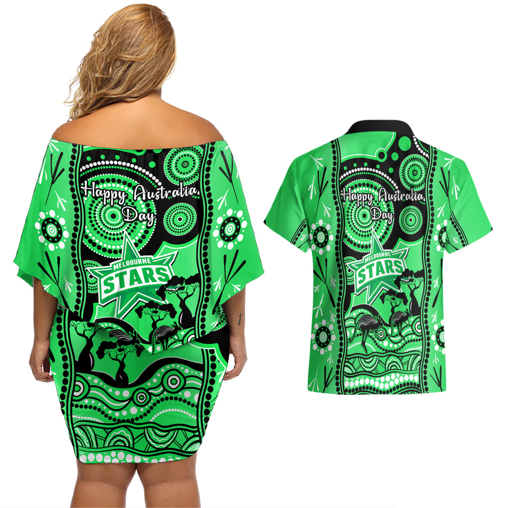 melbourne-stars-cricket-couples-matching-off-shoulder-short-dress-and-hawaiian-shirt-happy-australia-day-aboriginal-art