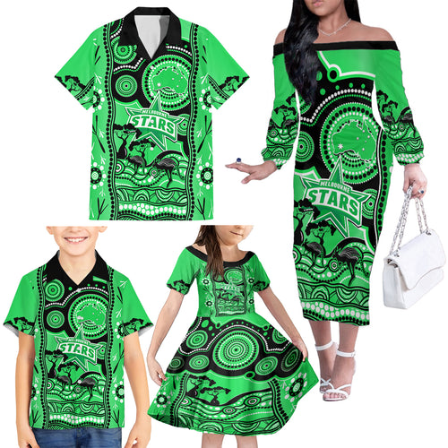 melbourne-stars-cricket-family-matching-off-shoulder-long-sleeve-dress-and-hawaiian-shirt-happy-australia-day-aboriginal-art