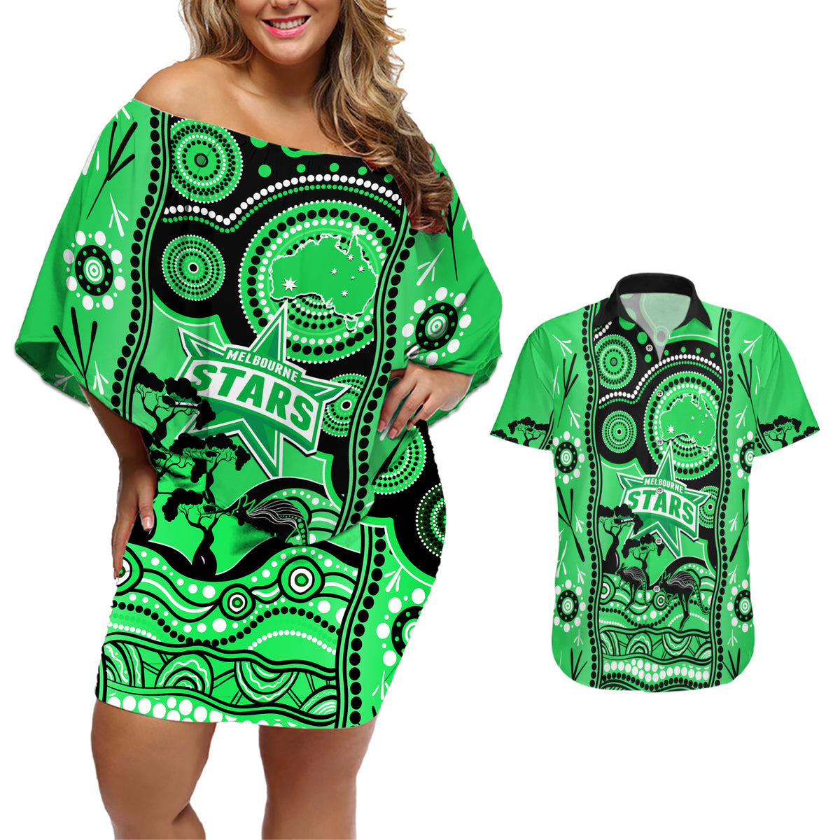 custom-melbourne-stars-cricket-couples-matching-off-shoulder-short-dress-and-hawaiian-shirt-happy-australia-day-aboriginal-art