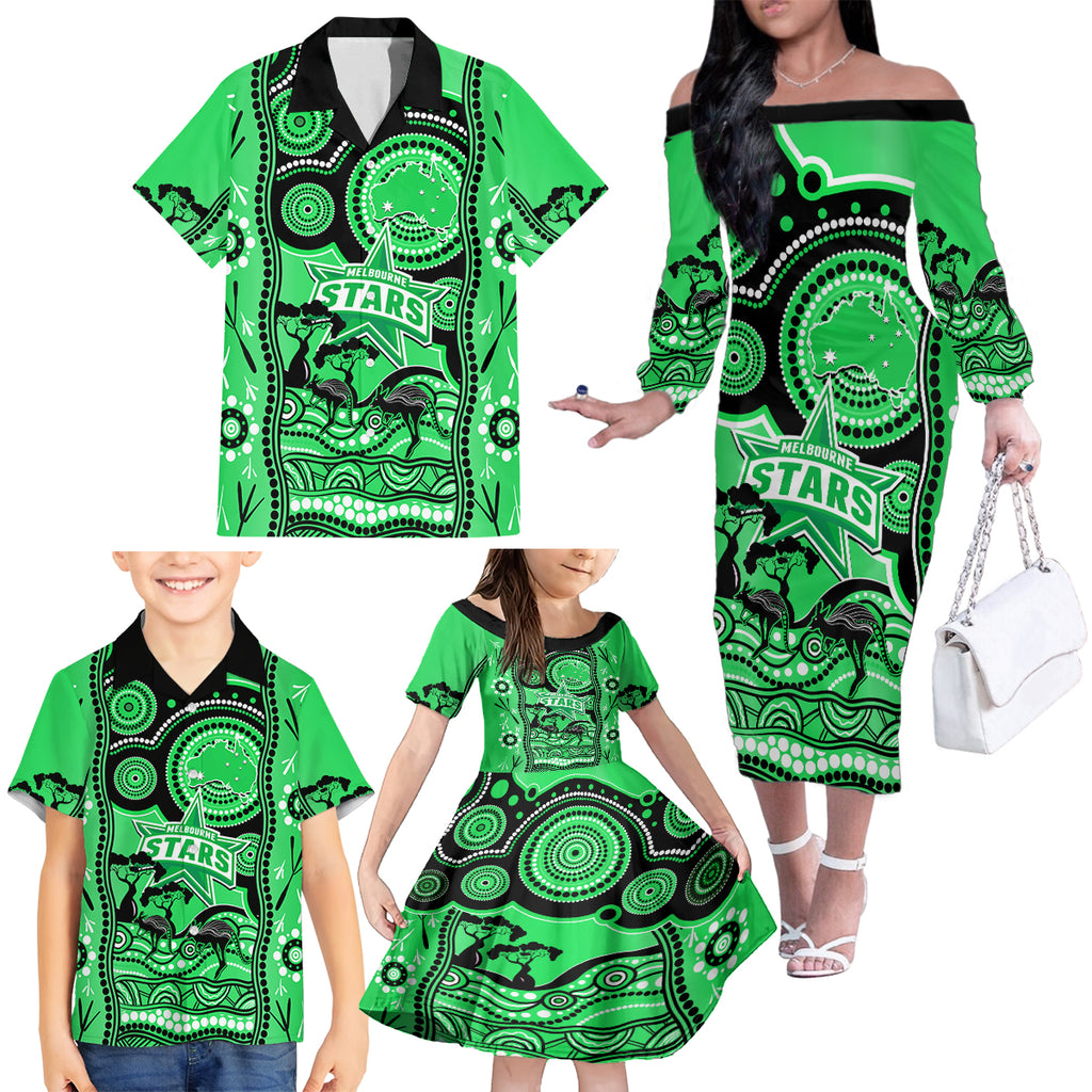 custom-melbourne-stars-cricket-family-matching-off-shoulder-long-sleeve-dress-and-hawaiian-shirt-happy-australia-day-aboriginal-art