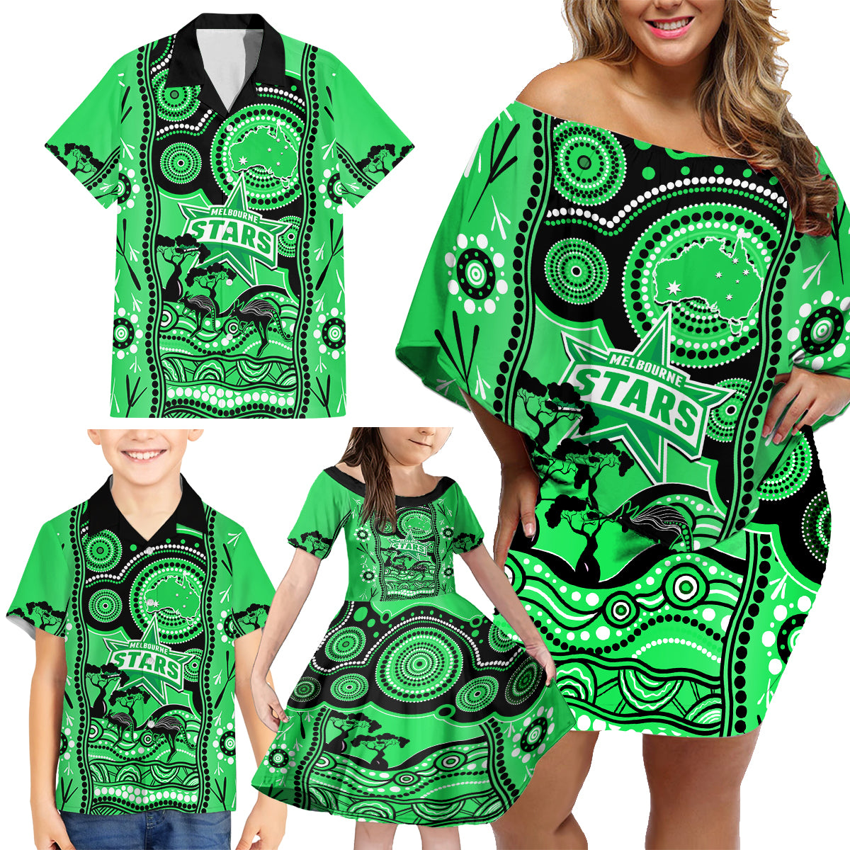 custom-melbourne-stars-cricket-family-matching-off-shoulder-short-dress-and-hawaiian-shirt-happy-australia-day-aboriginal-art