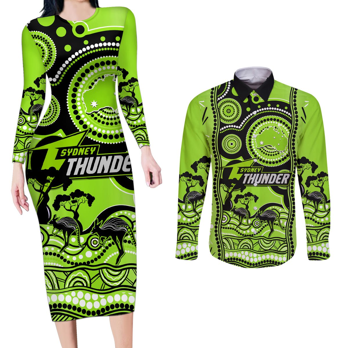 sydney-thunder-cricket-couples-matching-long-sleeve-bodycon-dress-and-long-sleeve-button-shirt-happy-australia-day-aboriginal-art