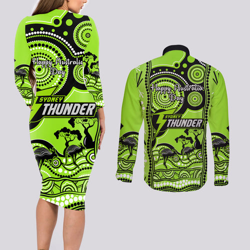 sydney-thunder-cricket-couples-matching-long-sleeve-bodycon-dress-and-long-sleeve-button-shirt-happy-australia-day-aboriginal-art