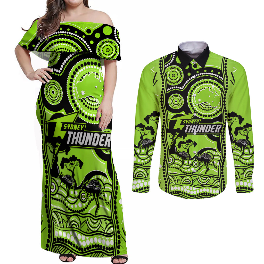 sydney-thunder-cricket-couples-matching-off-shoulder-maxi-dress-and-long-sleeve-button-shirt-happy-australia-day-aboriginal-art