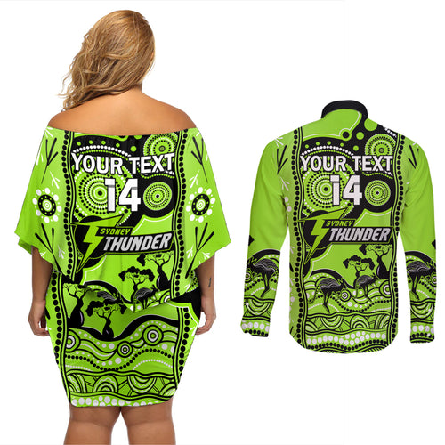 custom-sydney-thunder-cricket-couples-matching-off-shoulder-short-dress-and-long-sleeve-button-shirt-happy-australia-day-aboriginal-art