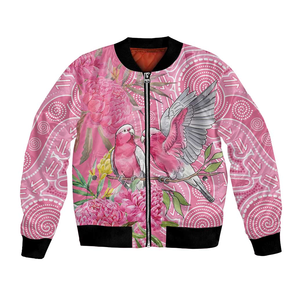 Australia Pink Galah Bomber Jacket Rose-breasted Cockatoo Waratah Indigenous Art - Aussie Hoodie