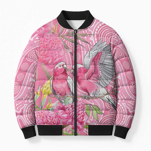 Australia Pink Galah Bomber Puffer Jacket Rose-breasted Cockatoo Waratah Indigenous Art - Aussie Hoodie