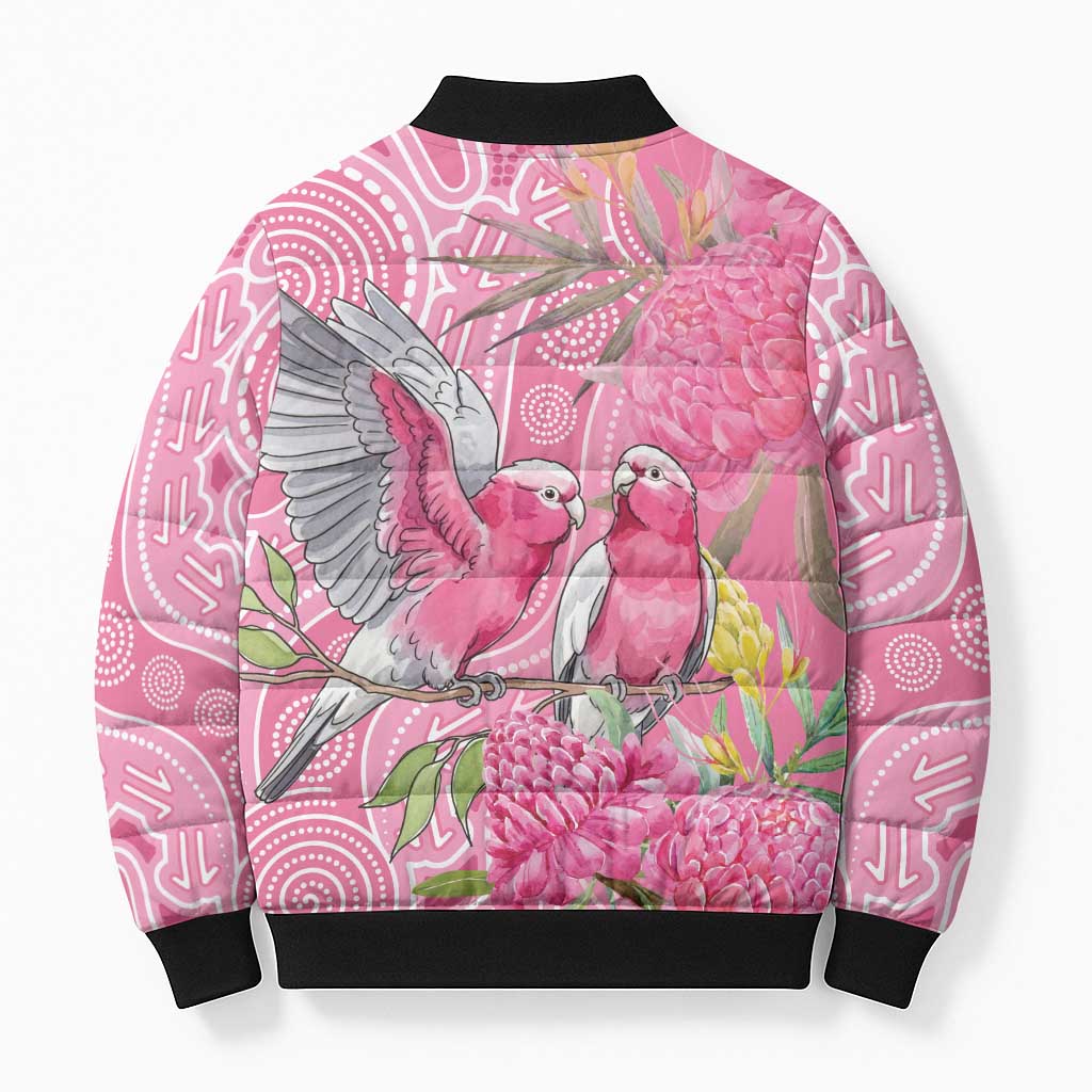 Australia Pink Galah Bomber Puffer Jacket Rose-breasted Cockatoo Waratah Indigenous Art - Aussie Hoodie