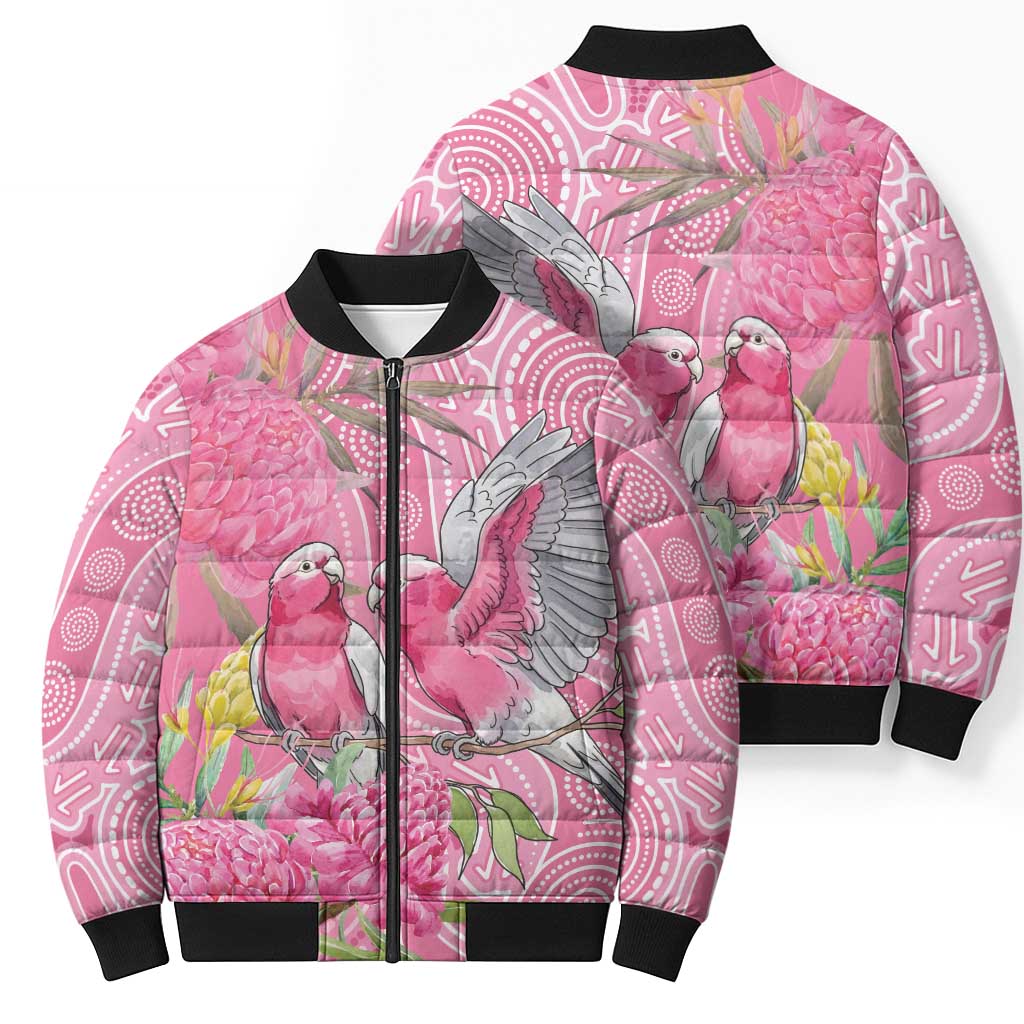 Australia Pink Galah Bomber Puffer Jacket Rose-breasted Cockatoo Waratah Indigenous Art - Aussie Hoodie