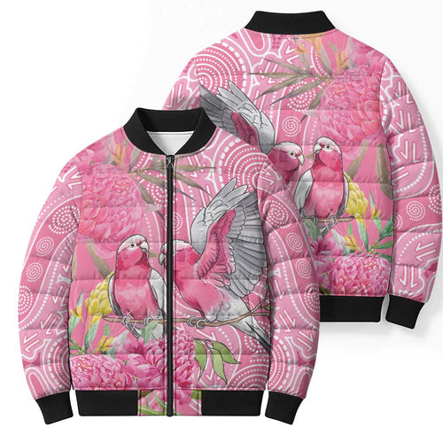 Australia Pink Galah Bomber Puffer Jacket Rose-breasted Cockatoo Waratah Indigenous Art - Aussie Hoodie