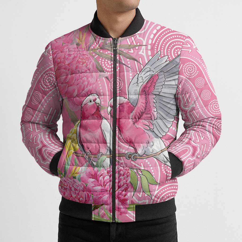 Australia Pink Galah Bomber Puffer Jacket Rose-breasted Cockatoo Waratah Indigenous Art - Aussie Hoodie
