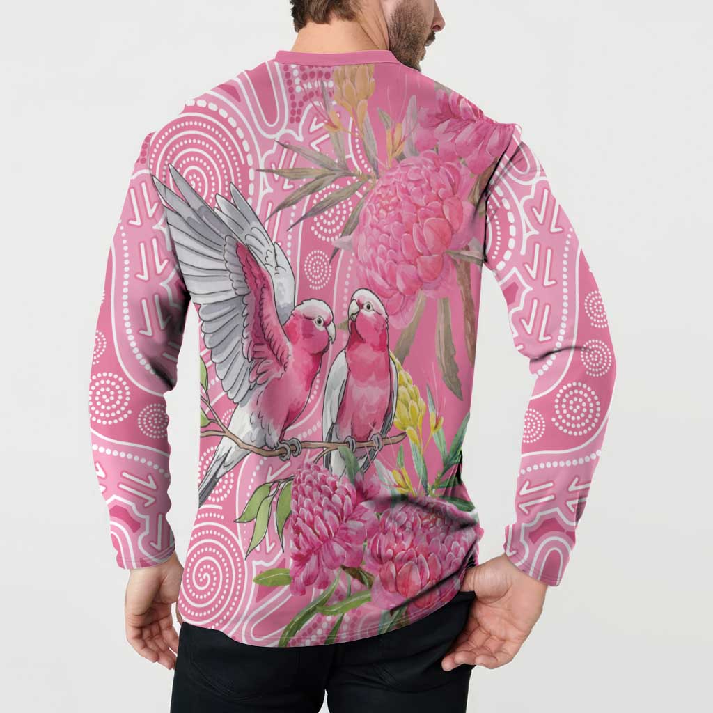 Australia Pink Galah Button Sweatshirt Rose-breasted Cockatoo Waratah Indigenous Art - Aussie Hoodie
