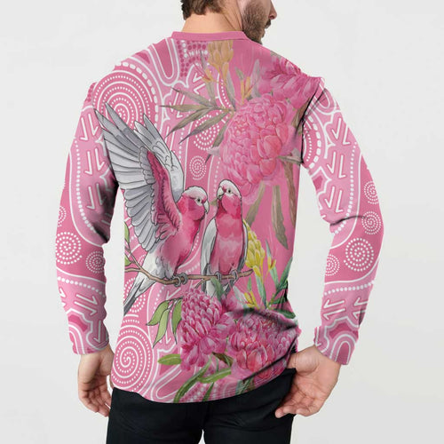 Australia Pink Galah Button Sweatshirt Rose-breasted Cockatoo Waratah Indigenous Art - Aussie Hoodie