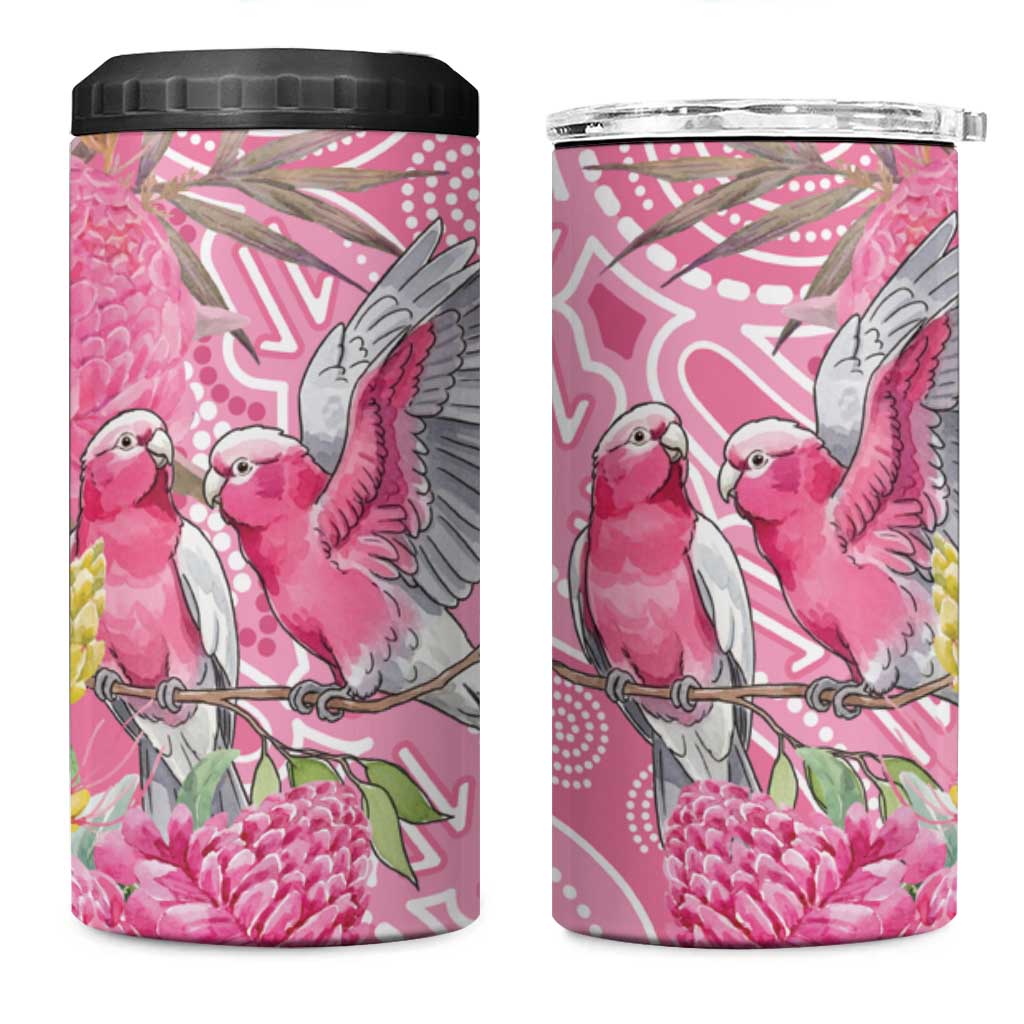 Australia Pink Galah 4 in 1 Can Cooler Tumbler Rose-breasted Cockatoo Waratah Indigenous Art - Aussie Hoodie