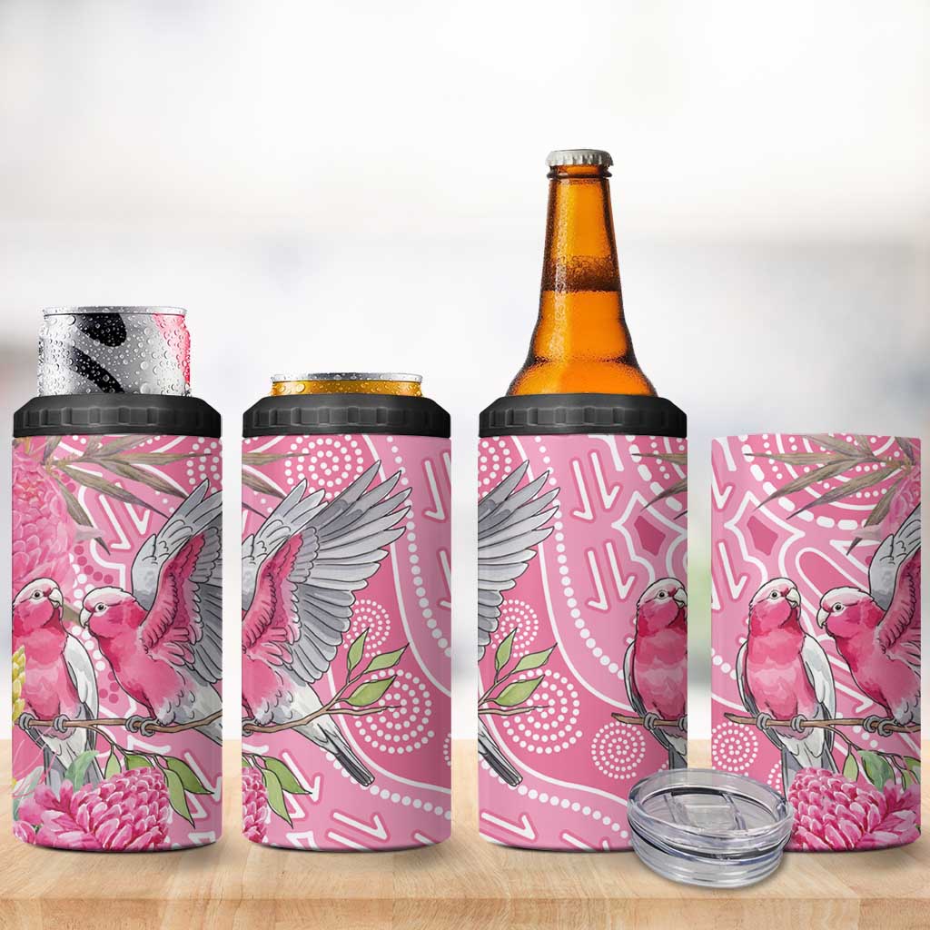 Australia Pink Galah 4 in 1 Can Cooler Tumbler Rose-breasted Cockatoo Waratah Indigenous Art - Aussie Hoodie