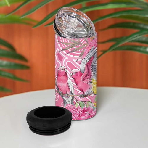 Australia Pink Galah 4 in 1 Can Cooler Tumbler Rose-breasted Cockatoo Waratah Indigenous Art - Aussie Hoodie