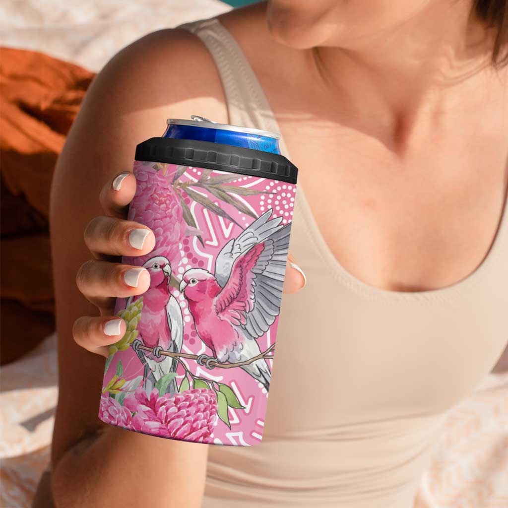 Australia Pink Galah 4 in 1 Can Cooler Tumbler Rose-breasted Cockatoo Waratah Indigenous Art - Aussie Hoodie