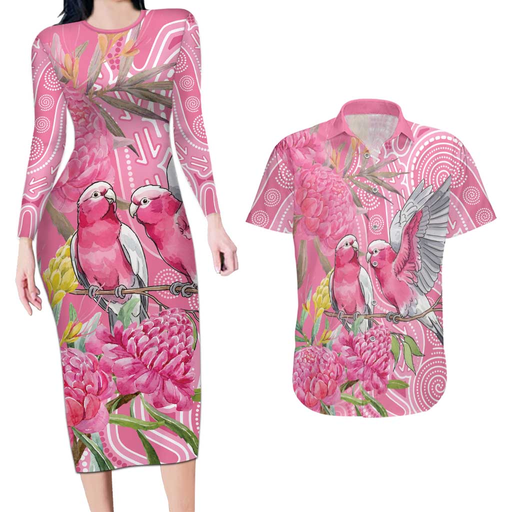 Australia Pink Galah Couples Matching Long Sleeve Bodycon Dress and Hawaiian Shirt Rose-breasted Cockatoo Waratah Indigenous Art - Aussie Hoodie