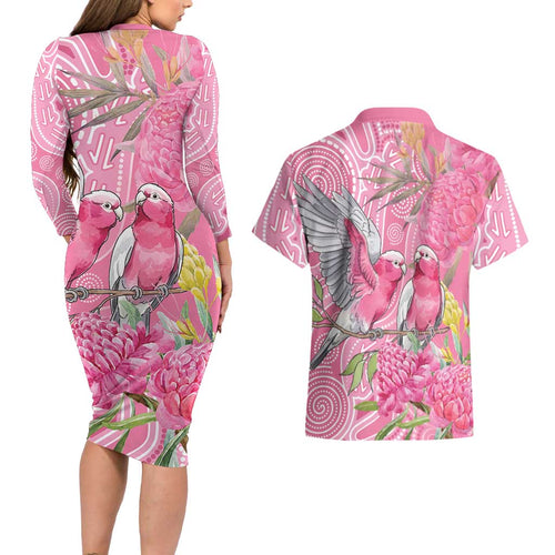 Australia Pink Galah Couples Matching Long Sleeve Bodycon Dress and Hawaiian Shirt Rose-breasted Cockatoo Waratah Indigenous Art - Aussie Hoodie