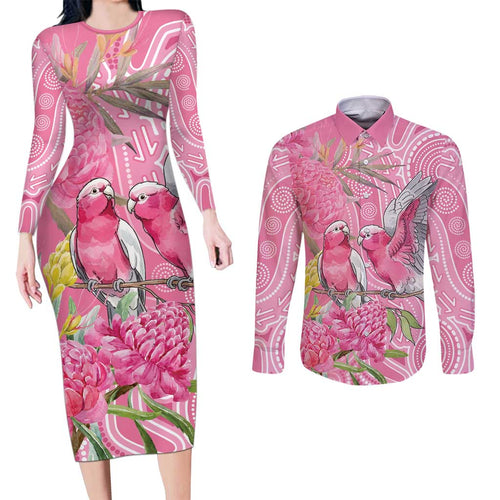 Australia Pink Galah Couples Matching Long Sleeve Bodycon Dress and Long Sleeve Button Shirt Rose-breasted Cockatoo Waratah Indigenous Art - Aussie Hoodie