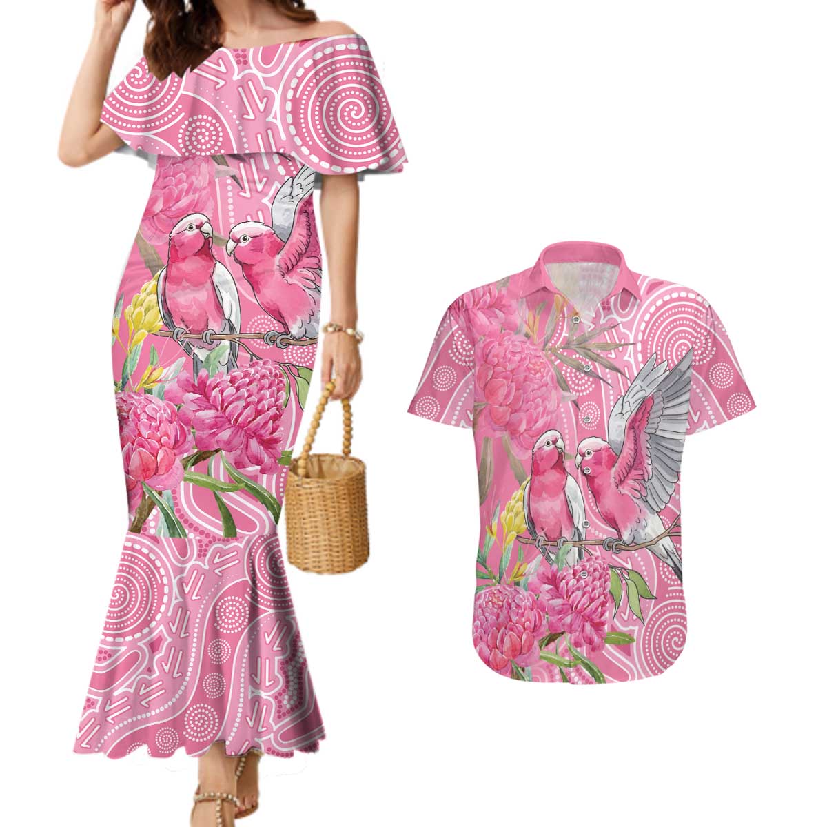 Australia Pink Galah Couples Matching Mermaid Dress and Hawaiian Shirt Rose-breasted Cockatoo Waratah Indigenous Art - Aussie Hoodie