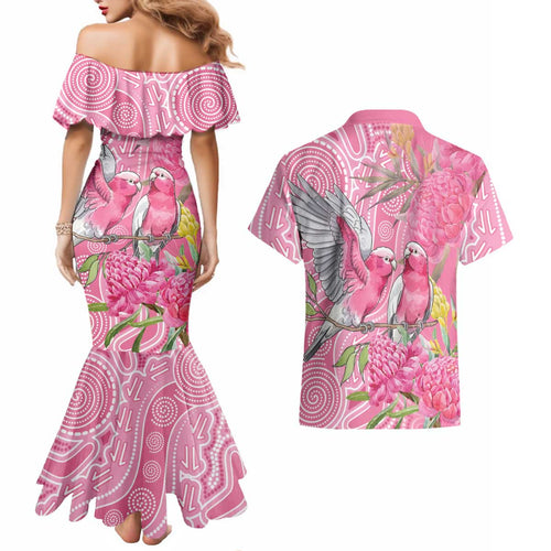 Australia Pink Galah Couples Matching Mermaid Dress and Hawaiian Shirt Rose-breasted Cockatoo Waratah Indigenous Art - Aussie Hoodie