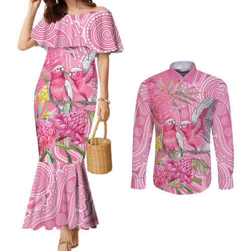 Australia Pink Galah Couples Matching Mermaid Dress and Long Sleeve Button Shirt Rose-breasted Cockatoo Waratah Indigenous Art - Aussie Hoodie