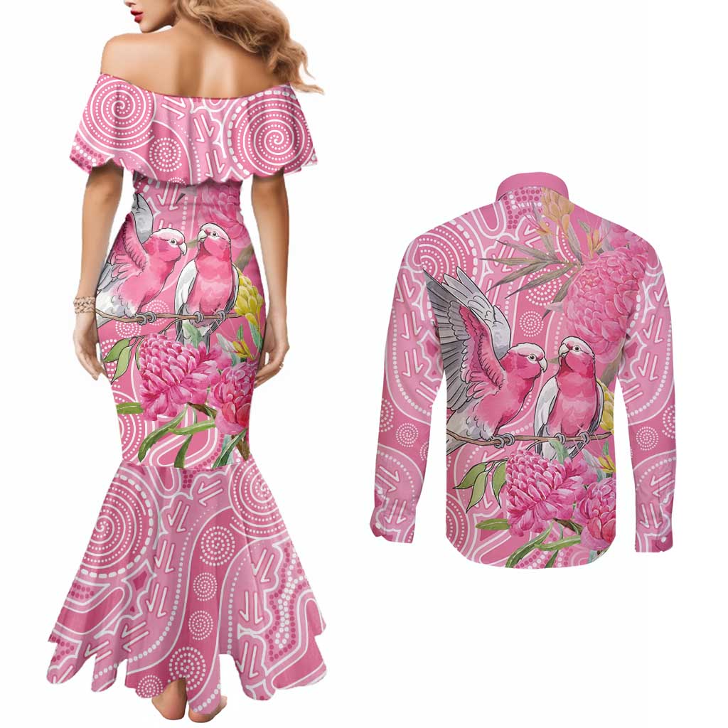 Australia Pink Galah Couples Matching Mermaid Dress and Long Sleeve Button Shirt Rose-breasted Cockatoo Waratah Indigenous Art - Aussie Hoodie